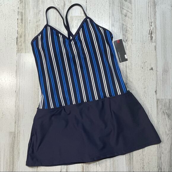 Halitech Large V-Neck Swim Dress Striped Pockets Criss-Cross Straps Padded Cups - Picture 1 of 6